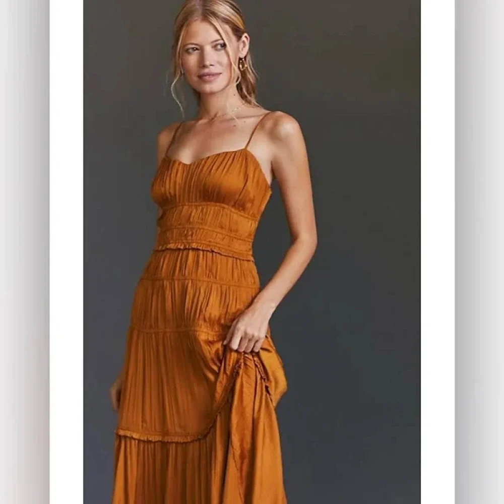 Anthropologie Women’s Sz 12 Ruched Tiered Midi Pleated Satin Slip Dress Gold NEW - Picture 2 of 12